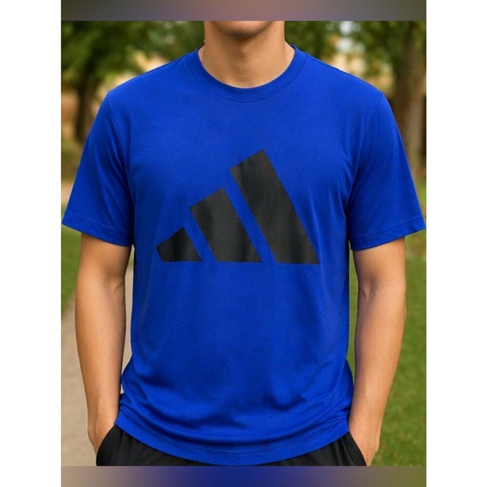 adidas Blue Logo Short Sleeve Tee 2XL with Black Trefoil Stripe Athletic Shirt